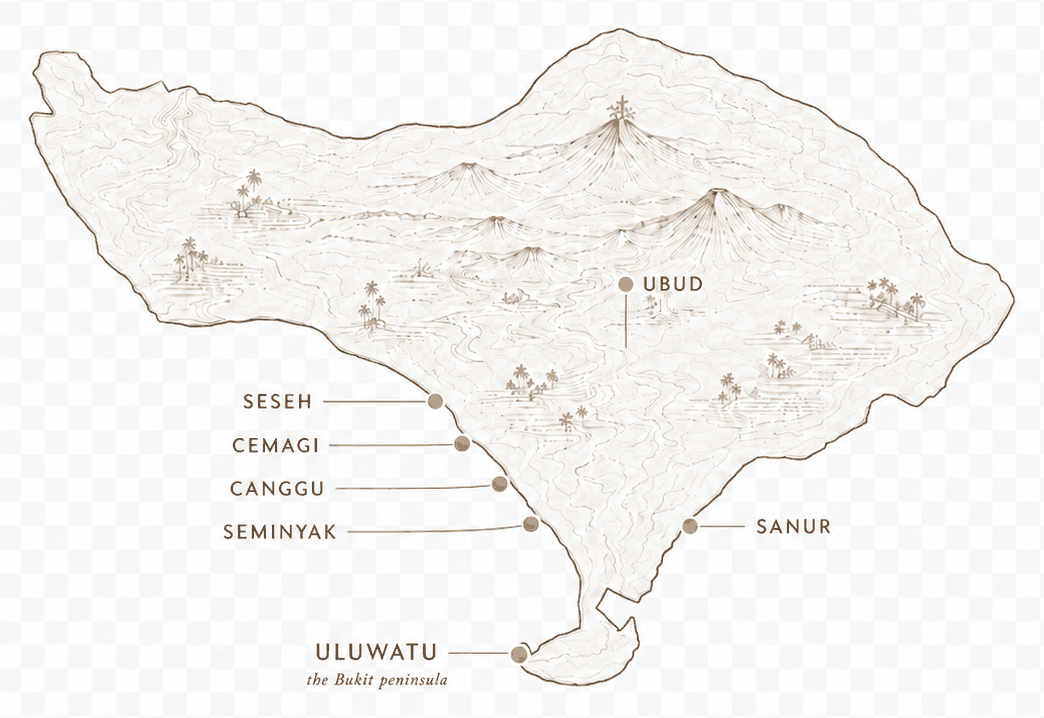 Hand-drawn map of Bali showing the regions where The Annum places families — Ubud inland to the north, the south-west coast at Seseh, Cemagi, Canggu and Seminyak, Sanur on the south-east coast, and Uluwatu on the Bukit peninsula.